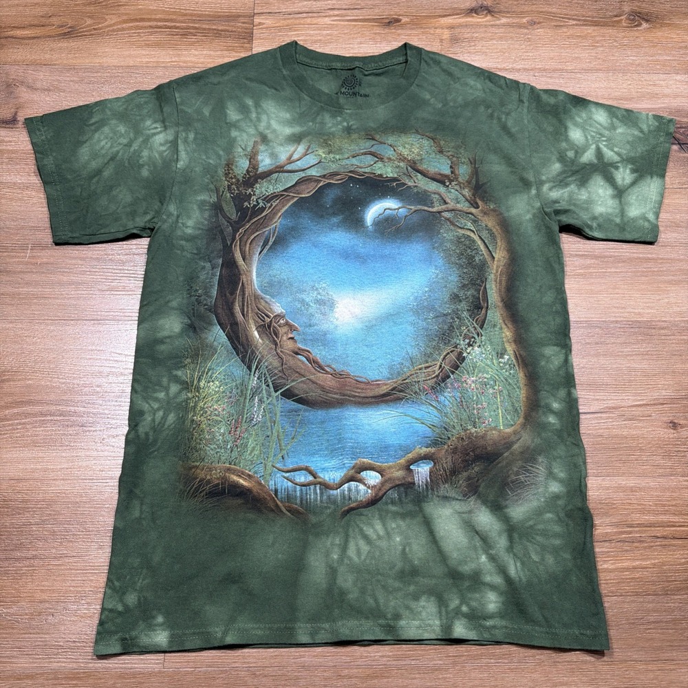 The Mountain Men's MEDIUM Moon Tree Green T Shirt Man Tree Tie Dye